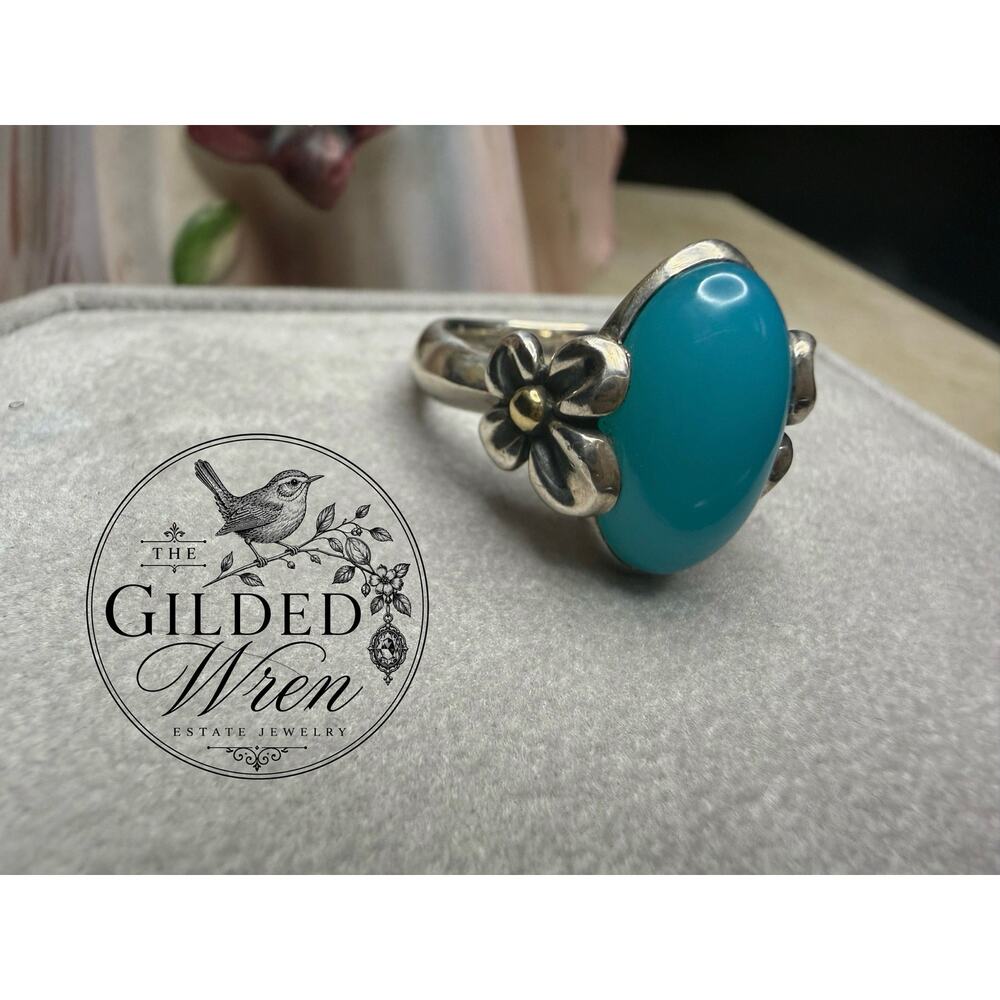 Ann King Blue Chalcedony Ring 18K Gold Sterling Silver Flower Size 7.25 Rare
